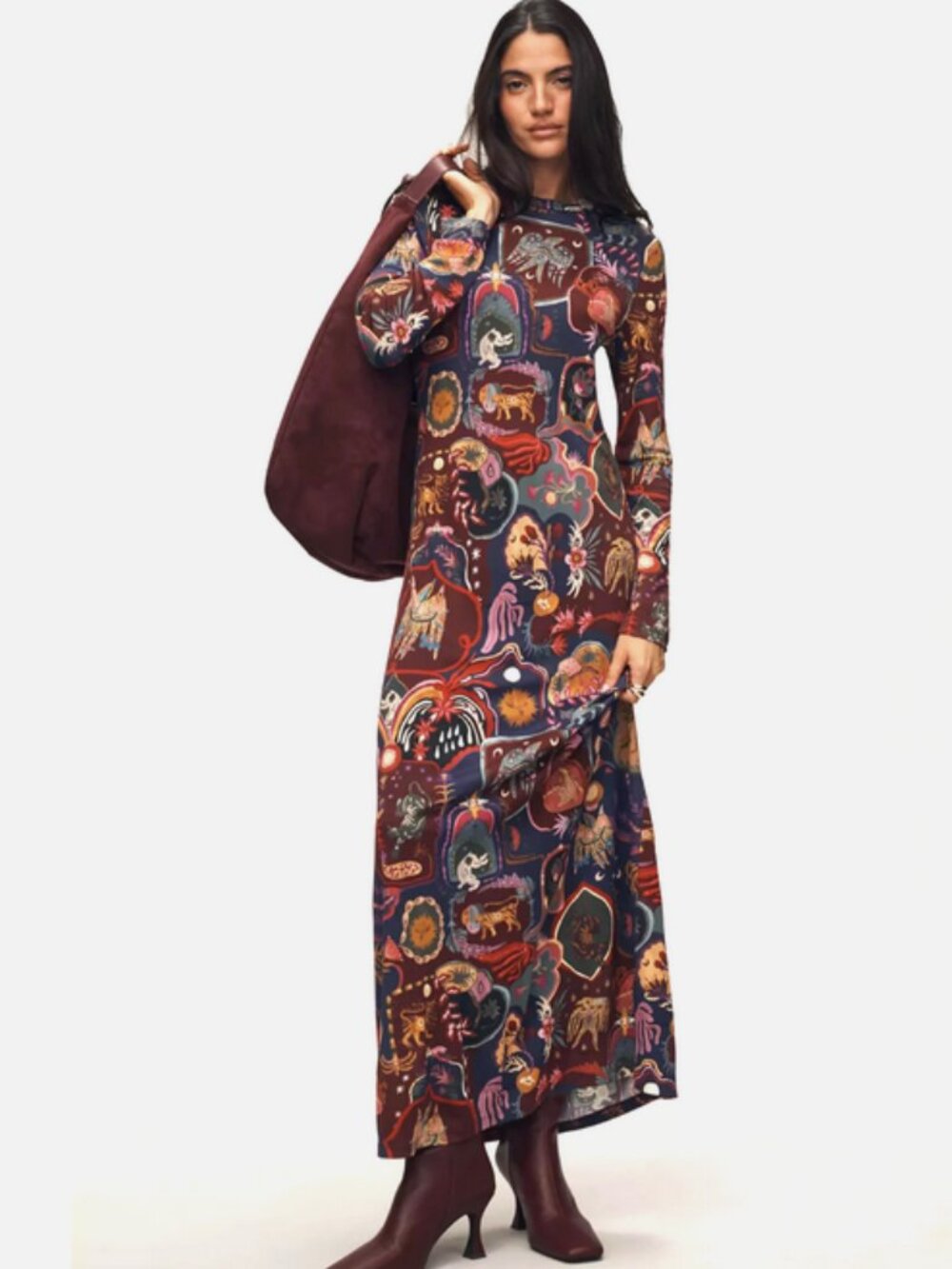 Farm Rio Anthropologie Surreal Artsy Graphic Fitted Maxi Dress Cats Birds XXS